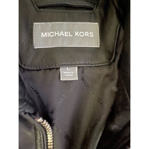 Michael Kors Mens L Black Leather Jacket Coat #121545 Zip Adjustable Cuffs & Hem - Picture 6 of 7